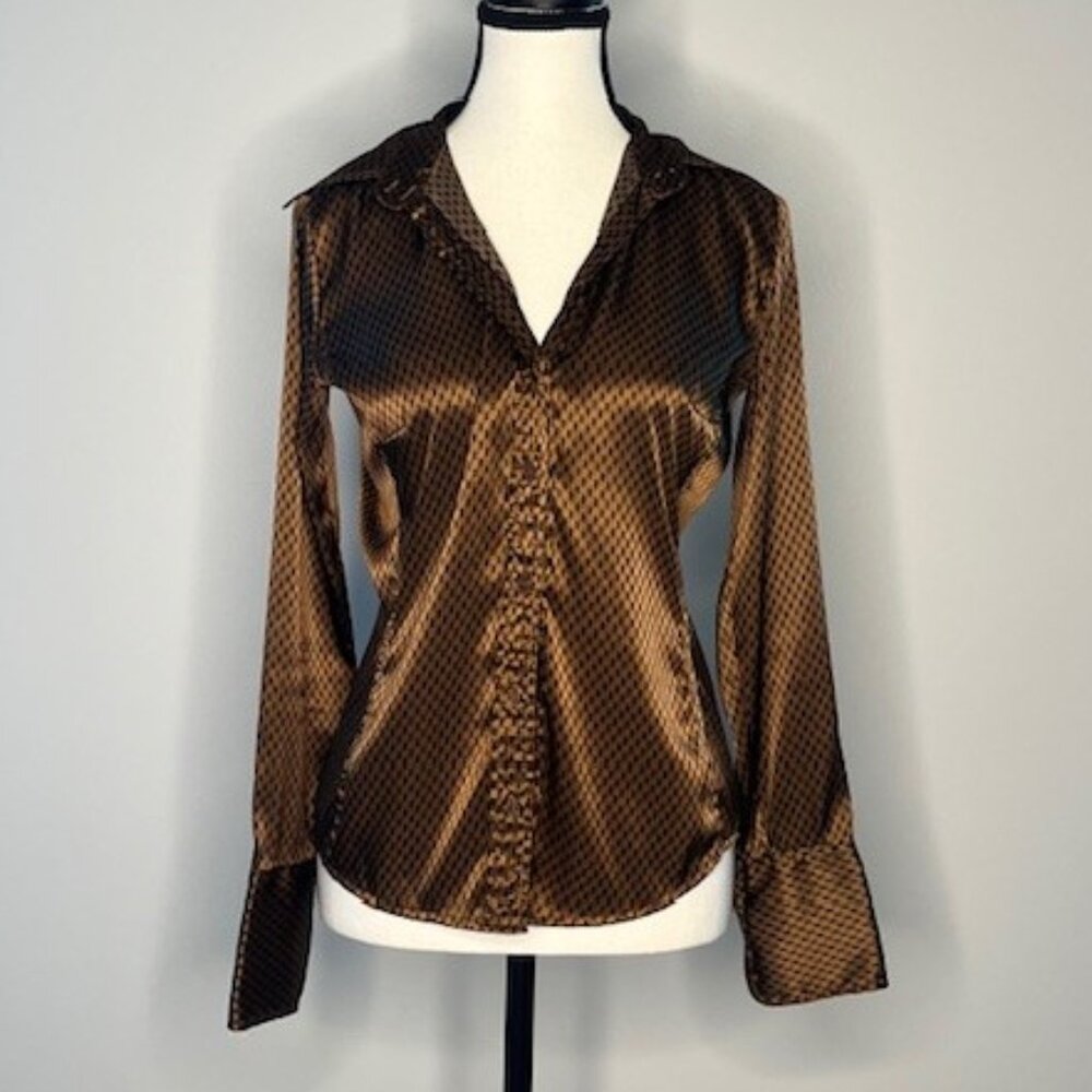 New York & Company Women's Button-Down Blouse, Brown w/ Abstract Print, Size XS